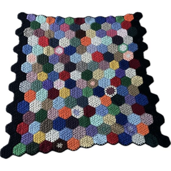 Vintage Retro Granny Square Afghan Blanket Crochet Hexagon Multi-Colored 53”x51”